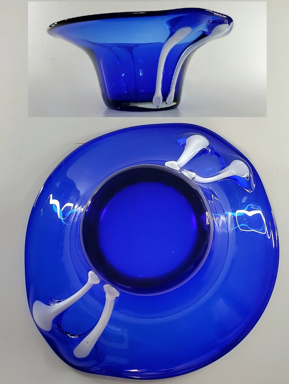10 1/4" Bright Cobalt Blue White Cased Art Glass Free-form Bowl - Picture 13 of 16